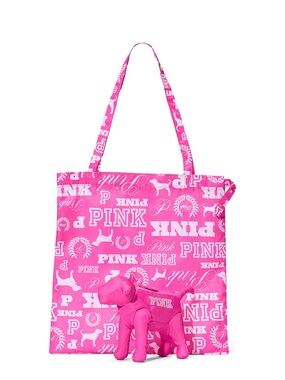 PINK Victoria's Secret Hot Pink PACKABLE Travel Tote-TUCKS IN NYLON DOG CHARM!